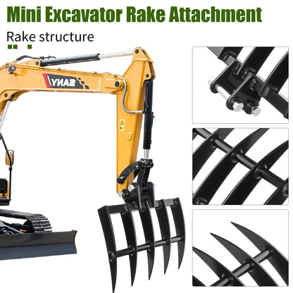 Mini Excavator Rake, Metal Wide Backhoe Rake Fit for 0.8T-1.5T Mini Excavators Attachments Use for Land Clearing, Debris Removing, Soil Spreading