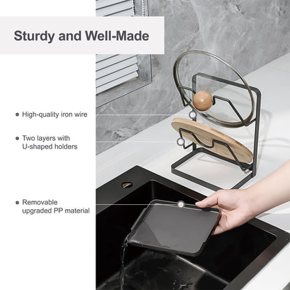 XCCK Pot Lid Holder While Cooking, Kitchen Pot Lid Storage Rack for stove top, Multifunctional Kitchen Pot Lid Organizer for Countertop (Iron,Dark Grey)