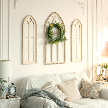 Synovana Arched Wooden Window Frame Wall Decoration, Rustic Farmhouse Wood Window Pane Hanigng Art Decor, 42 inches Gothic Cathedral Style Spire Design Wall Mounted Fake Window Decor, Distressed White