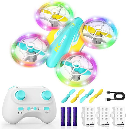 LED RC Drone for Kids 6+ Christmas Birthday Gift for Boys &amp Girls with Remote Batteries 360° Flip High Speed Mode 45 Min Flight Indoor and Outdoor Flying Toy - Blue Yellow