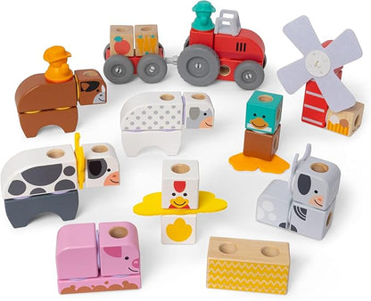 Melissa &amp Doug Blockables™ Farm and Farm Friends 2-Pack Bundle Connectable Wooden Building Blocks Preschool Play Set Toy