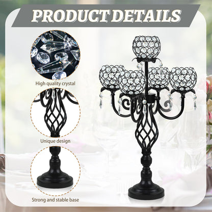 Kehail 5-Arm Crystal Candelabra Centerpiece 23.2" Tall - Elegant Candle Holder Stand with Crystal Bowl, Chic Table Decor for Weddings, Parties, Anniversary & Home Decoration (4, Black)