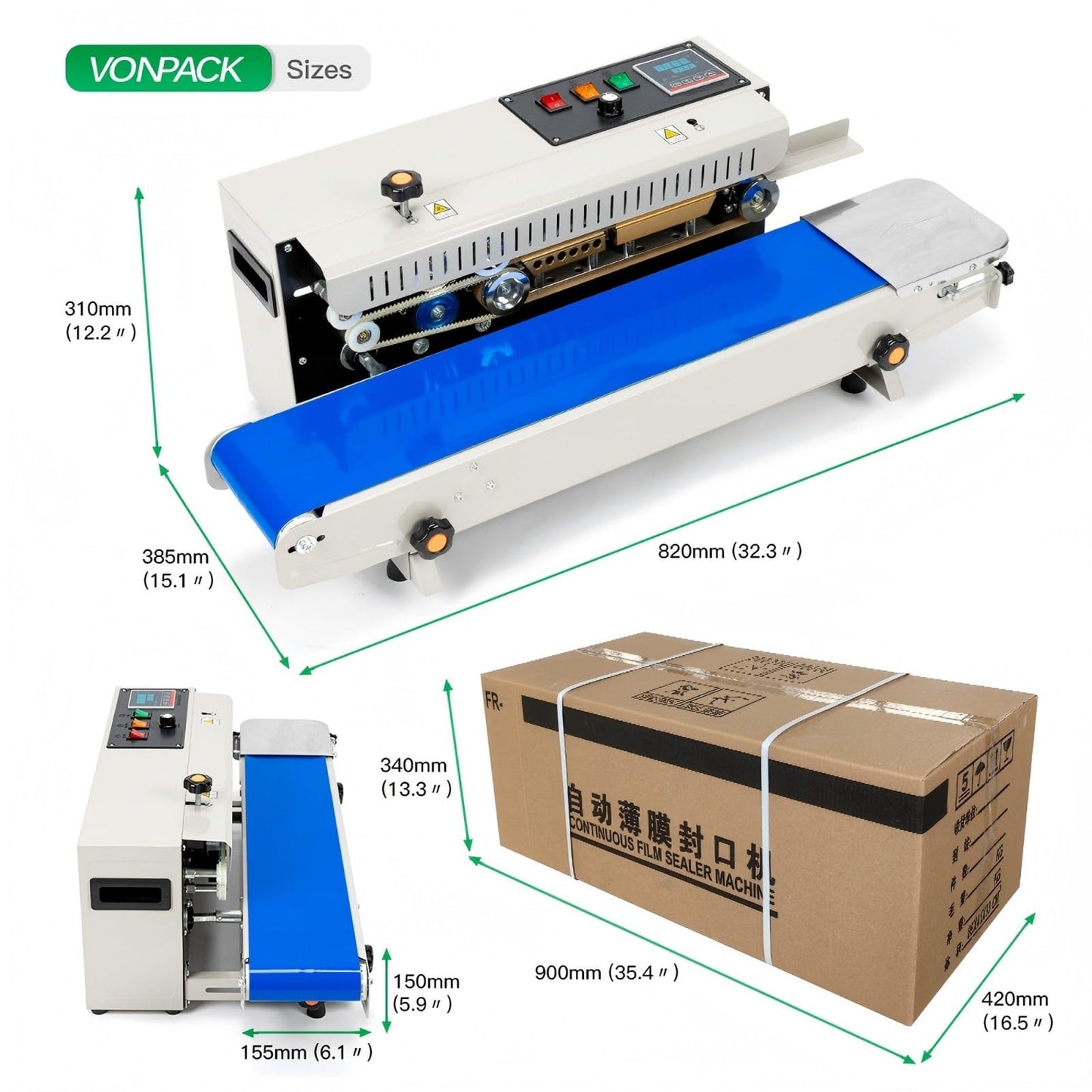 VONPACK FR-900 Automatic Continuous Band Sealing Machine, 220V Bag Sealer Industrial Factory Kitchen Packing Machine Heat Sealing Adjustable Intelligent Temperature Control for Plastic Bag Food Film