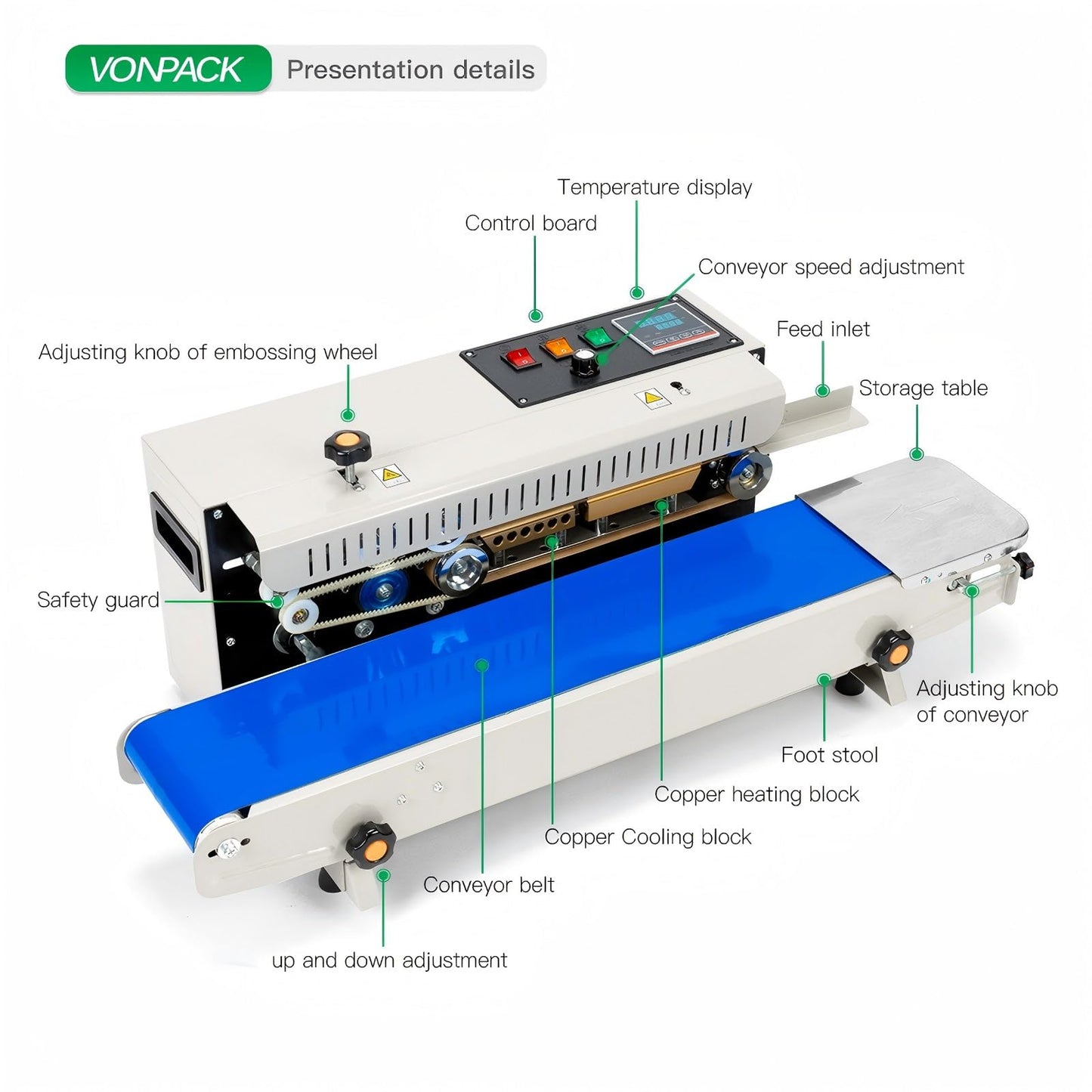 VONPACK FR-900 Automatic Continuous Band Sealing Machine, 220V Bag Sealer Industrial Factory Kitchen Packing Machine Heat Sealing Adjustable Intelligent Temperature Control for Plastic Bag Food Film
