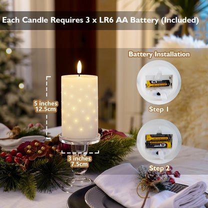 Rhytsing 5 inches White Real Wax LED Candles with Twinkle Fiber Optic Lights, Battery Operated Decorative Candles for Christmas Table Centerpieces, Batteries and Remote Included - Set of 2