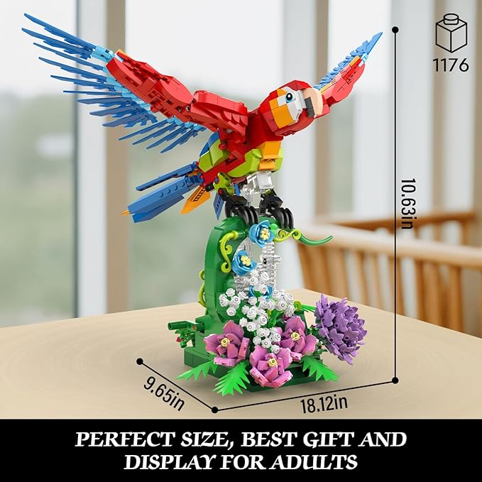 Parrot Floral Building Set MOC Flower and Parrot Collectible Table Art Kit Creator 2 in 1 Animals Bird Ideas Gifts Toys for Adults and Teens Age 14+ (1176 PCS)