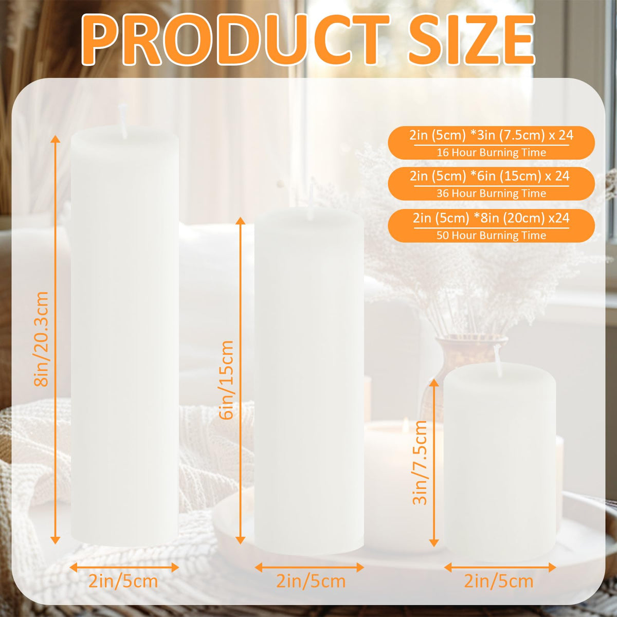 Trxvxo 72 Pcs White Pillar Candles Bulk Set: 2 x 3/6/8 Inch (24 Each), Dripless Unscented Smokeless Hurricane Candles for Creating Warm Elegant Atmosphere at Weddings, Parties and Events.