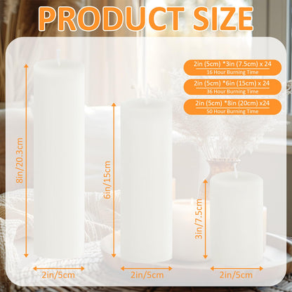 Trxvxo 72 Pcs White Pillar Candles Bulk Set: 2 x 3/6/8 Inch (24 Each), Dripless Unscented Smokeless Hurricane Candles for Creating Warm Elegant Atmosphere at Weddings, Parties and Events.