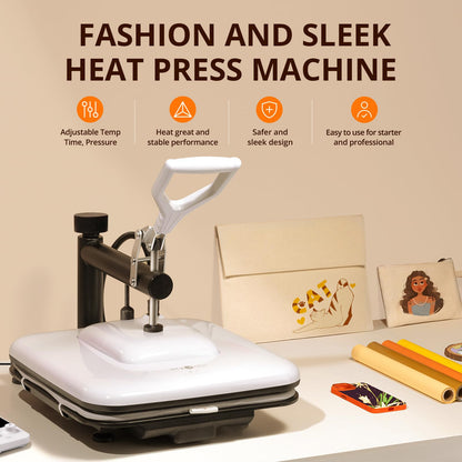 HTVRONT 15x15 Heat Press Machine, 3pcs Teflon Sheets, 2 Rolls HTV Vinyl, Tshirt Ruler Guide