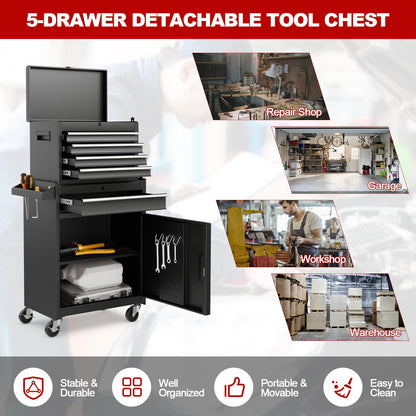 Goplus Tool Chest, 5 Drawers Rolling Tool Cabinet with Detachable Top Toolbox, Universal Lockable Wheels, Lock Bar, Protective Liner & Tool Rack, Metal Tool Storage Cart, Tool Box for Garage Workshop