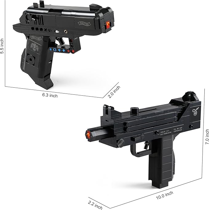 Walther PPK &amp MAC-10 Building Blocks Gun Sets Compatible with Lego Featuring 2 Guns Models Gift Ideas for Military Fans Kids 8+ &amp Adults