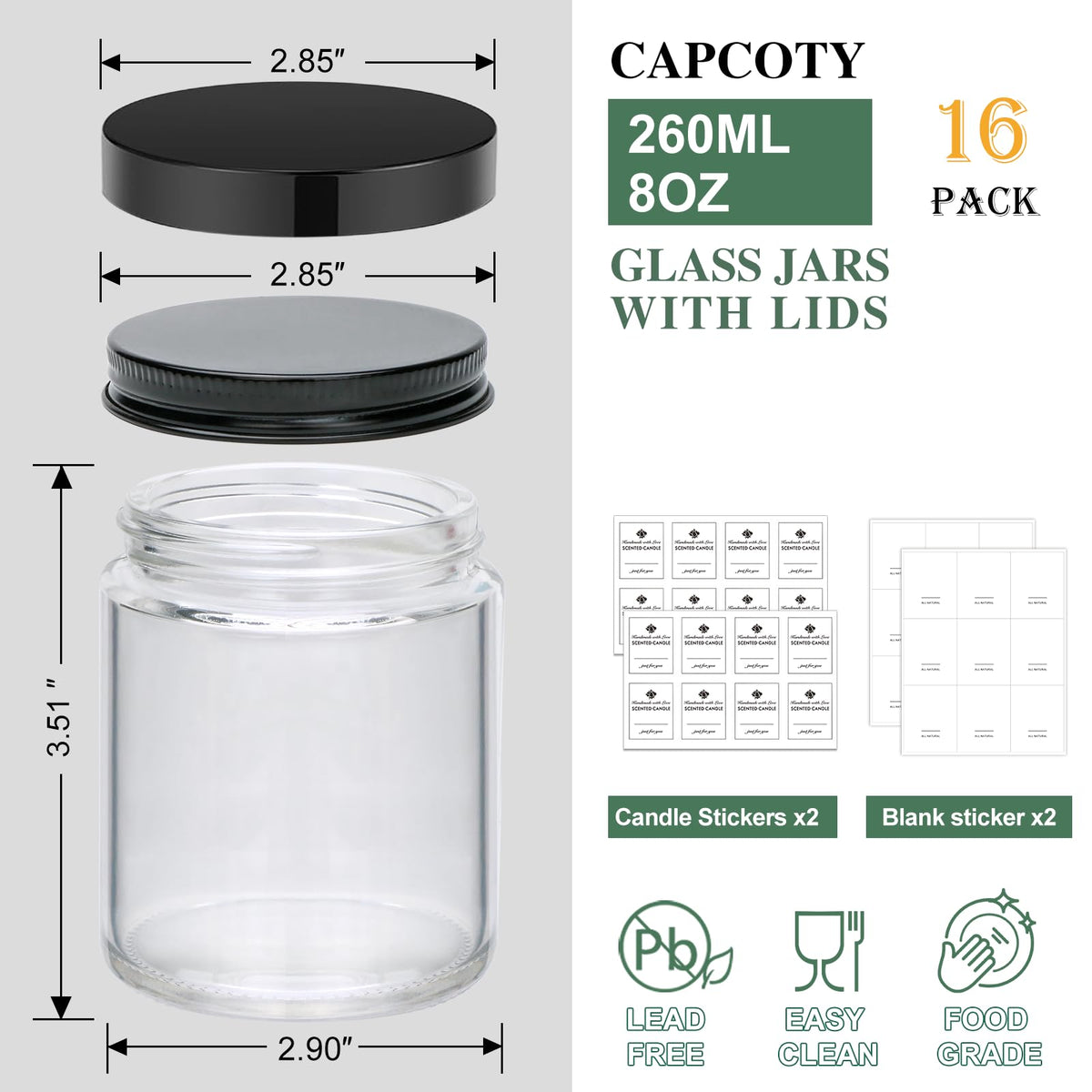 Maredash 16 Pack 8 OZ Glass Jars with Lids gift for women,Candle Jars,Glass Jar for Candles, Samples, Spices, Powders