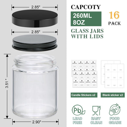 Maredash 16 Pack 8 OZ Glass Jars with Lids gift for women,Candle Jars,Glass Jar for Candles, Samples, Spices, Powders