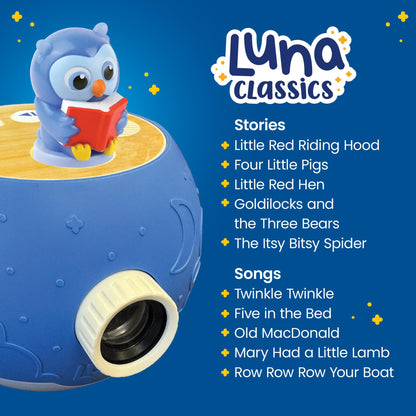 LUNA STORYTIME Kids Book Projector - Owl & Super Simple Noodle Bundle | 5 Read-Aloud Stories & 17 Songs | Story Projector, Night Light & Music Player | Screen-Free Educational Toy for Kids Ages 3+