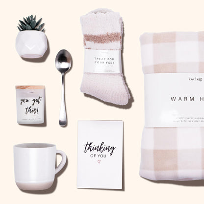 lovebug Get Well Soon Gift Basket for Women – After Surgery Gifts, Feel Better Care Package with Blanket, Candle, Socks, Mug, Spoon, Succulent – Thinking of You Self Care Gifts for Women Basket