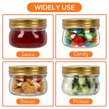 Mcupper 4 oz Mason Jars With Gold Lids, 24 Pack Regular Mouth Canning Jars for Jam, Honey, Yogurt, Spices, Snacks, DIY Projects, Wedding Favors- Includes 30 Stickers