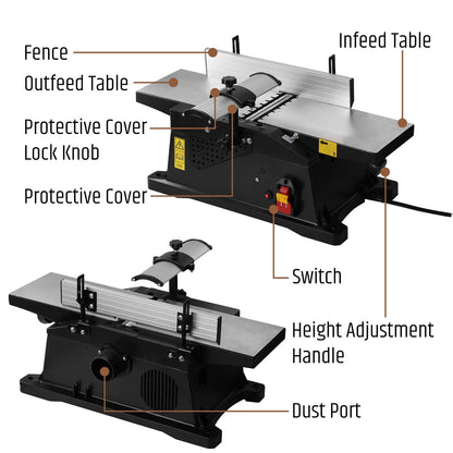 WOODSTARTER 6-Inch Benchtop Jointer with 15 Amp Motor, 12000 RPM Cutting Speed, Adjustable Fence 90–135°, Up to 1/8" Depth, HSS Blades, Table Jointer To for Woodworking DIY