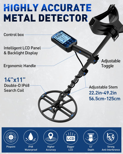 Hazlewolke 14'' Metal Detectors for Adults, Waterproof Double-D Search Coil, Professional Metal Detector with Pinpoint Mode, 13 inch Detection Depth, 4 Modes