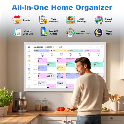 32" Digital Calendar Chore-Chart for-Wall-Planner - Interactive Touchscreen Display Electronic Calendar Picture Frame, Star Reward, Sync Google iCloud Outlook Calendar, Gifts for Mom, Wall Mount White
