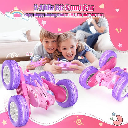 Remote Control Cars for Girls 2.4GHz RC Stunt Car with 360° Flips &amp Double Sided Driving Changeable Wheels LED Headlights Birthday Gift for 5-12 Year Old Girls (Pink)