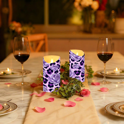 ALAZA Purple Leopard Print Rose Pattern Flickering Flameless Candles Battery Operated with Remote Timer,Tea Light Candles LED Pillar Votive Set of 2 for Outdoor Indoor Decorations 3" x3.9"