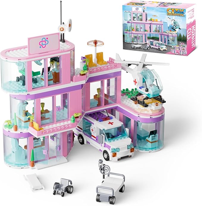QLT QIAOLETONG Friends City Hospital Building Set Ambulance Truck with Hospital Bed Wheelchair Playset Birthday Gift for Boys Girls Kids 6+ Years Old-Compatible with Lego for Girls Age 8-12