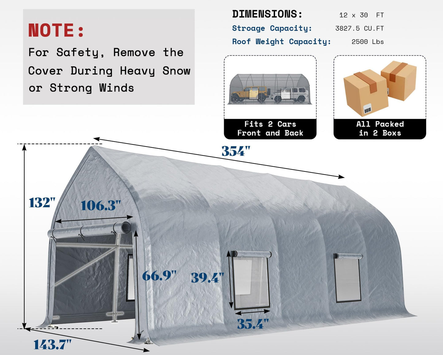 AMERLIFE 12 x 30 FT Walnut-Shaped Outdoor Carport, Heavy Duty Enclosed Portable Garage Shelter with Roll-Up Doors, Weather Resistant Car Shelter for Trucks, Boats, Farm Equipment, Silver Gray