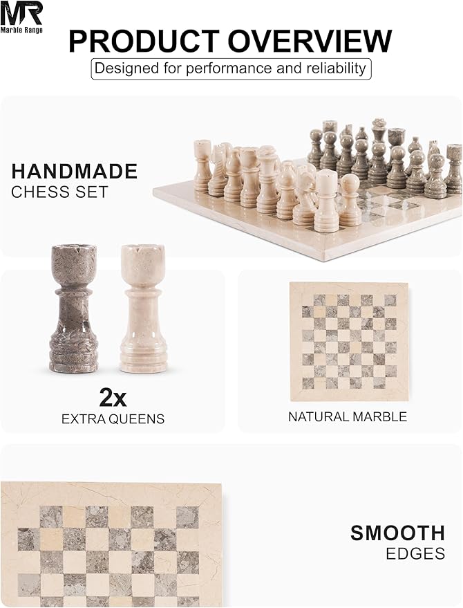 Marble Chess Set for Adults 12 Handmade Verona &amp Oceanic Board Game with 32 Chess Pieces 2 Extra Queens &amp Storage Box Luxury Travel Game Elegant for Home Decor