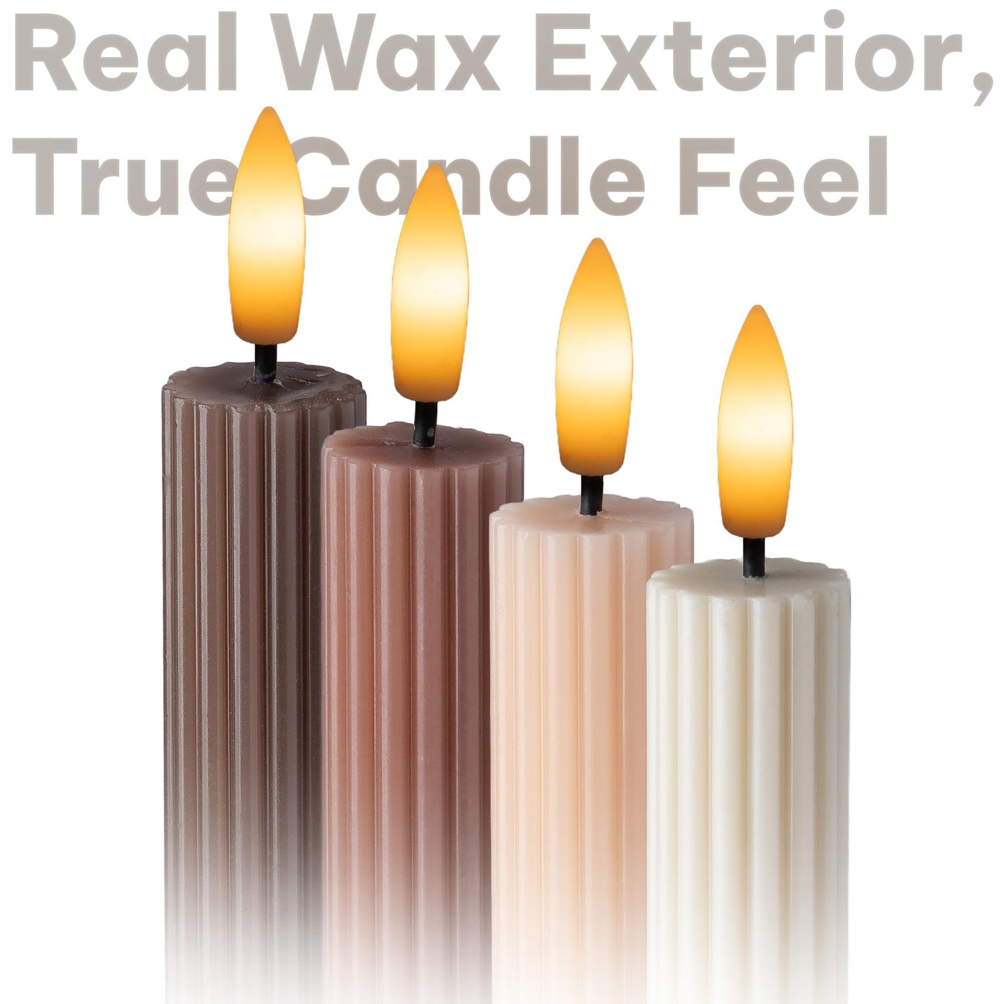WYZworks Coordinated Chocolatey Mocha Brown 4 Pack, 10" Real Wax LED Flameless Fluted Ribbed Grooved Taper Candles, Remote & Timer Memory, On/Off Button, Dimmable, Battery Operated, Menorah Wedding