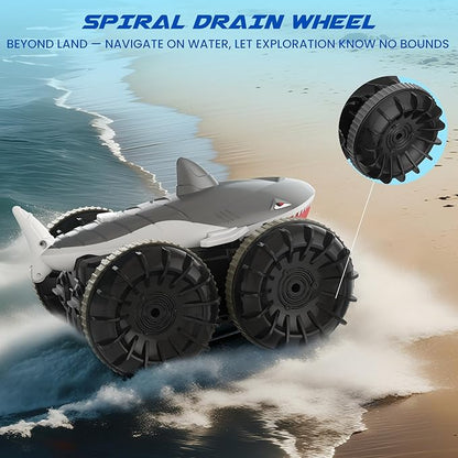 SIMREX Shark Amphibious Remote Control Car - Gift for Kids Boys Girls 4WD Waterproof RC Car 360° Stunt Dual Remote Control 50m Long Range 2 Rechargeable Batteries (Silver)