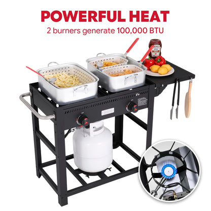 FEASTO Outdoor Propane Deep Fryer with Movable Cart, 2-Burner Stove with 100,000 BTU Total, 2 x 18QT Aluminum Pots, 1 x 18QT Basket & 2 x 9QT Frying Baskets, Portable Fryer for Fish, Fries & Chicken