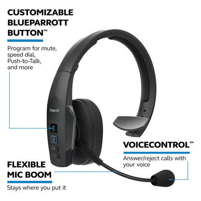 BlueParrott B450-XT Mono Bluetooth Wireless Headphones 96% Noise Canceling Over Head Trucker Headset with Mic, All Day Comfort Padded Headband, Extended Wireless Range, 24 hrs. Talk Time, Black