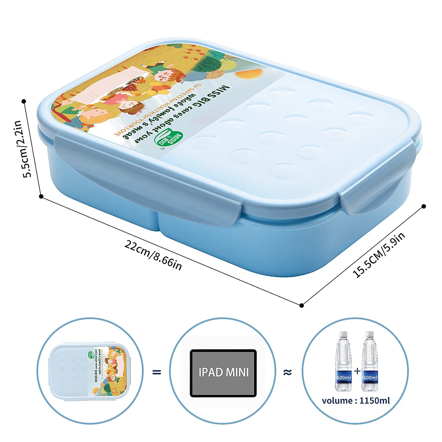 MISS BIG® Bento Lunch Box for Kids, 1150ml, 3 Compartments, Blue