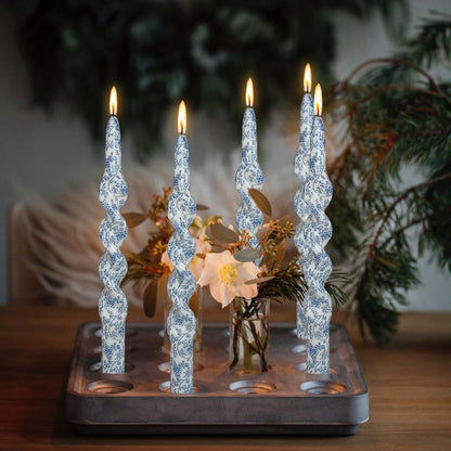 Spiral Candlesticks Set of 4 - Handmade Unscented Blue Floral Print Taper Candle 10" Long Blue Flower Design for Home, Wedding, Gifts