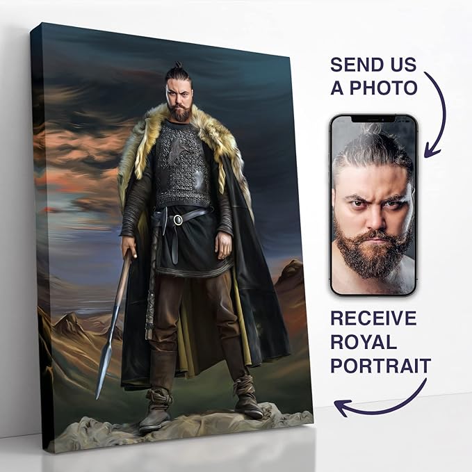 Turn Me Royal Custom Portrait from Photos Personalized Norse Portrait Canvas Wall Art as Unique Birthday Viking Gift for Men Turn Him into Superhero (The King of Vikings 12 x 16)