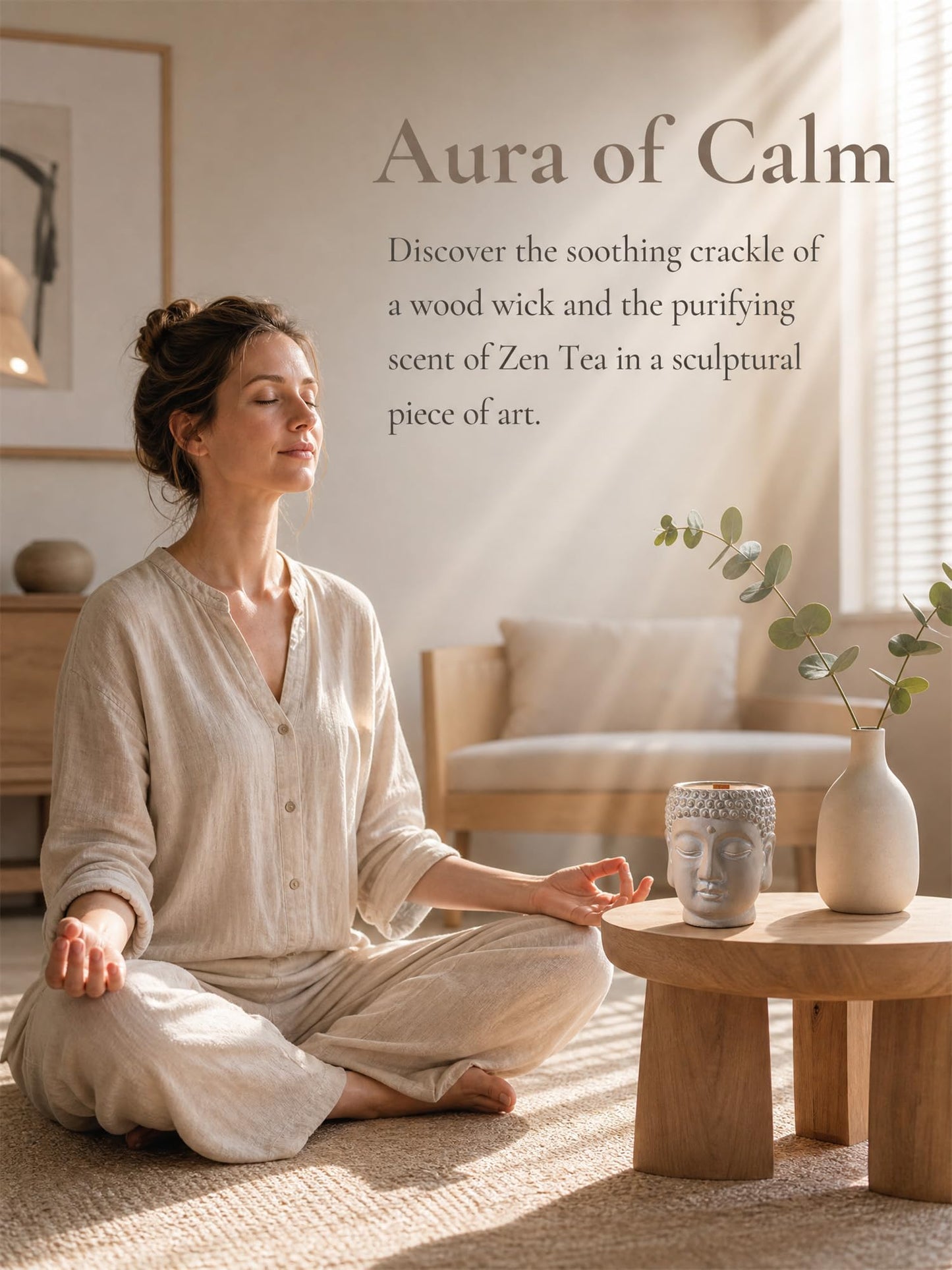 Feng Shui Meditation Buddha Candle 8oz - Wood Wick Soy Wax with Crackling Sound, Smoky Oud Scent for Positive Energy, Yoga Home Decor Spa Gift (49-Hour Burn)