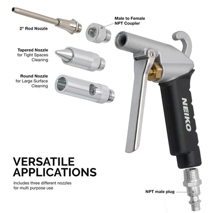 NEIKO 31121A High Flow Air Blow Gun | 3 Pc Pneumatic Air Nozzle | Dust Gun | Air Gun Compressor Accessories | ¼”