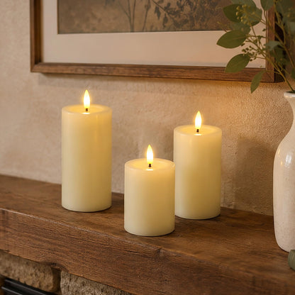 Yeelida Remote Flameless Flickering Pillar Candles with Candle Grease Effect,Pack of 3 Ivory LED Battery Oprated 2/4/6/8 Hours Timer Real Wax Electric Candles(3x4,5,6 Inches)