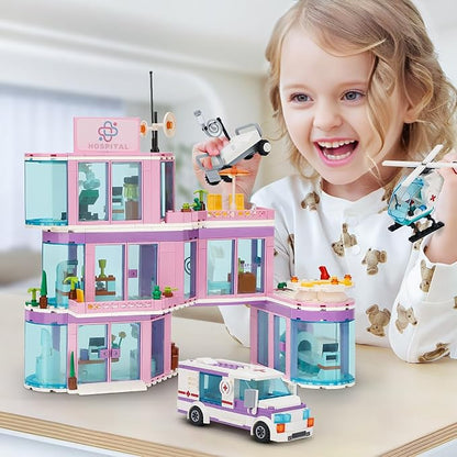 QLT QIAOLETONG Friends City Hospital Building Set Ambulance Truck with Hospital Bed Wheelchair Playset Birthday Gift for Boys Girls Kids 6+ Years Old-Compatible with Lego for Girls Age 8-12