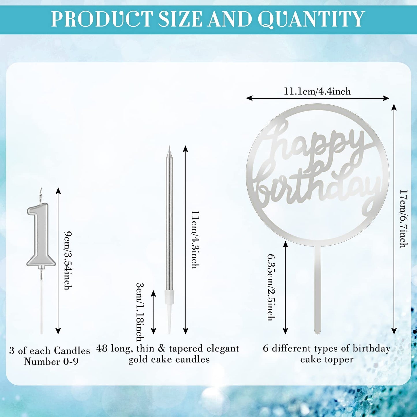 Shihanee 84 Pcs Birthday Cake Toppers Decorations Long Thin Metallic Birthday Candles Bulk Number Candles 0-9 DIY Cake Decor for Wedding Anniversary Party(Silver)