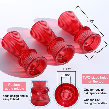 VOHO Red Candlesticks Holders for Christmas Decorations, Set of 3 Ribbed Glass Candle Holder Versatile for Taper & Tea Lights Candles, Romantic Red Taper Candle Holders for Valentines Day Anniversary
