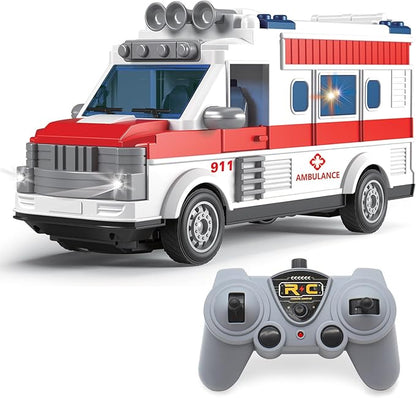 Dollox 1/30 Remote Control Ambulance 2.4G RC Play Car Toy 4 Channel Electric Ambulance Vehicles Emergency Rescue Cars with Lights Opening Door Gifts for Kids Boys Girls Age 3 4 5 6 7