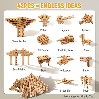 15 in 1 STEM Wooden Building Blocks -15+ Shapes 3D Puzzle Logic Brain Games Educational Toys Gift for Kids and Classroom Montessori STEM Toys for Ages 5+ to Adults