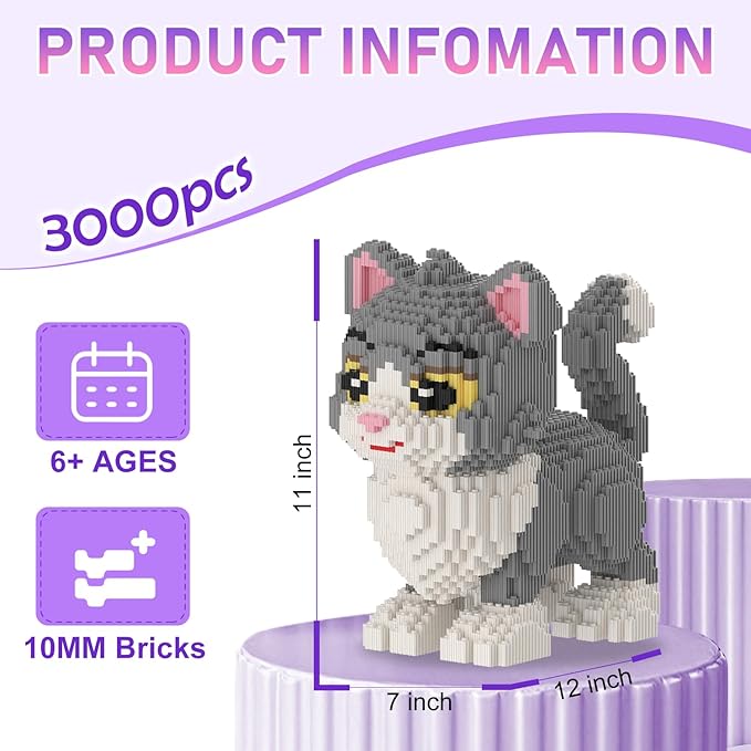 Cat Building Blocks with Organizer Bins | Grey | Micro 3D Animal Building Blocks | 3000PCS | Gift for Adults and Kids | Home &amp Office Decor | RQ8888