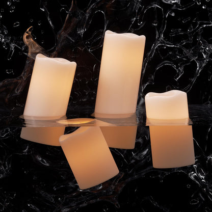 Eldnacele Waterproof Flameless Flickering Candles with 6 Hours Timer, Indoor Outdoor White LED Plastic Battery Operated Pillar Candles Pack of 4 Wedding Dinner Home Decor, D3”x H4” 5” 6” 8”