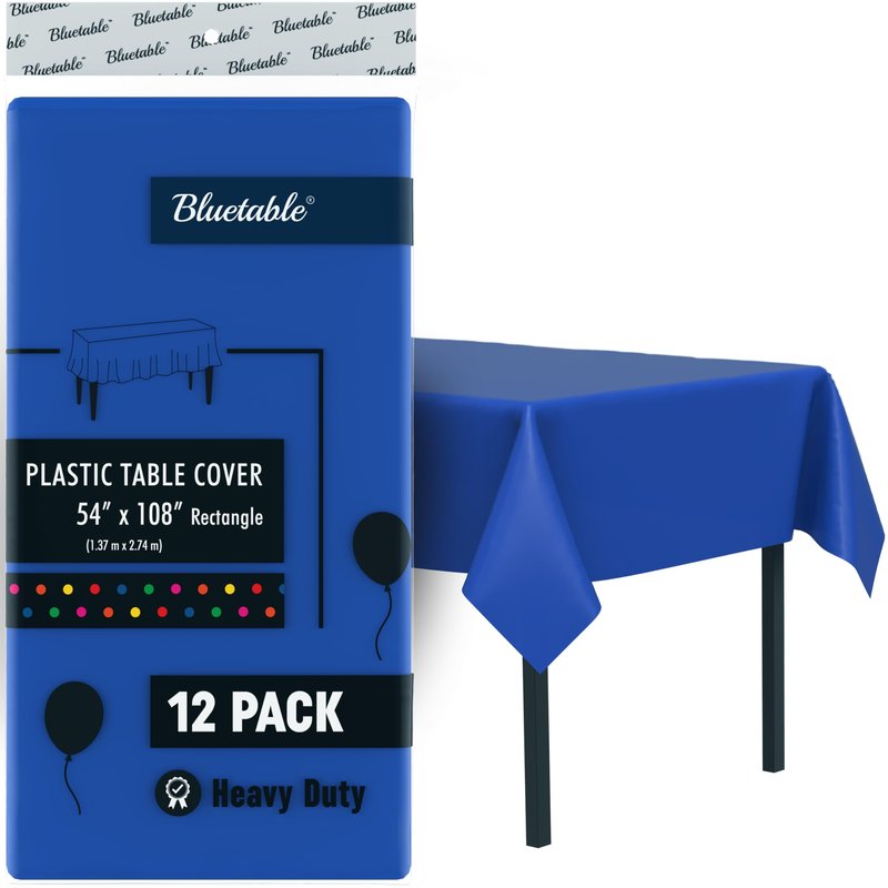 Plastic Tablecloth Disposable Blue (12 Pack) Bulk - Ultra Heavy Duty Table Cloth Rectangle (54” x 108”) 6 Foot or 8 Foot Tables, Premium Royal Blue Party Table Cloths Birthdays Christmas [12 Pack]