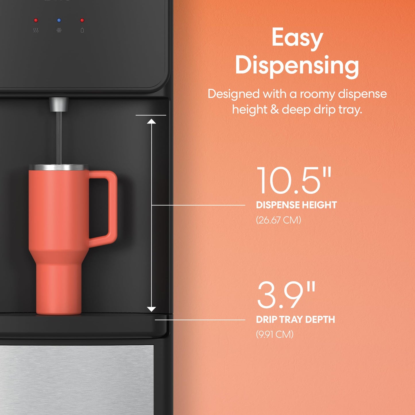 Brio 130 Series Top-Load Water Cooler Dispenser for 3- and 5-Gallon Bottles, Hot & Cold, Spill-Free Loading, Child Safety Lock, Energy Star 3.0, Black & Stainless
