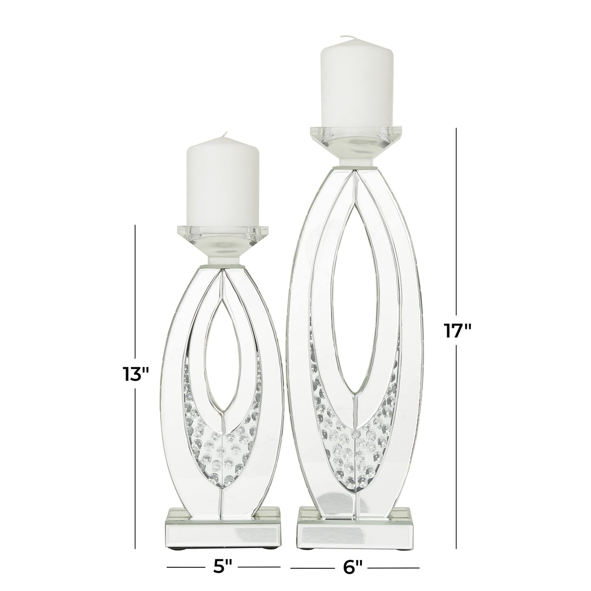 Deco 79 Glass Decorative Candle Holder Pillar Candle Stand with Mirrored Accents and Crystals, Set of 2 Candlestick Holder 17", 13" H, Silver