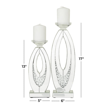 Deco 79 Glass Decorative Candle Holder Pillar Candle Stand with Mirrored Accents and Crystals, Set of 2 Candlestick Holder 17", 13" H, Silver