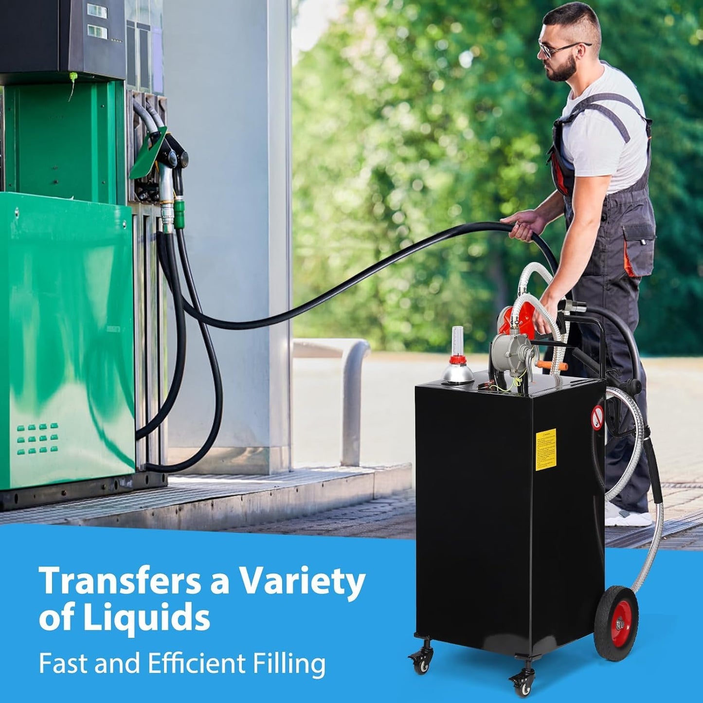 50 Gallon Portable Fuel Caddy with Manual Pump, Heavy Duty Gasoline & Diesel Transfer Tank On 4 Wheels, Mobile Fuel Storage Container for Truck, Boat, Lawn Mower, ATV, Garage & Farm Use – Black